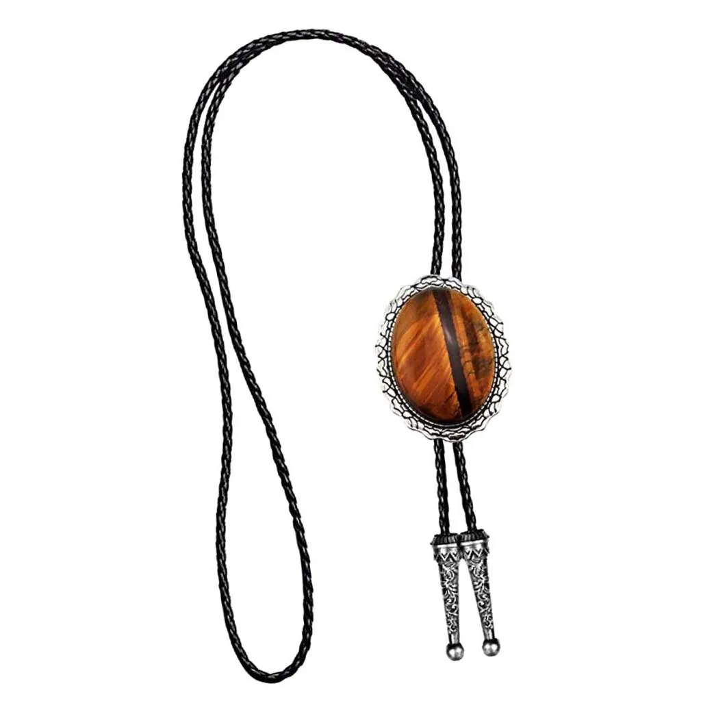 Lovoski Cowboy Bolo Tie Natural Tiger Eye Stone Charm Necktie Rodeo Western