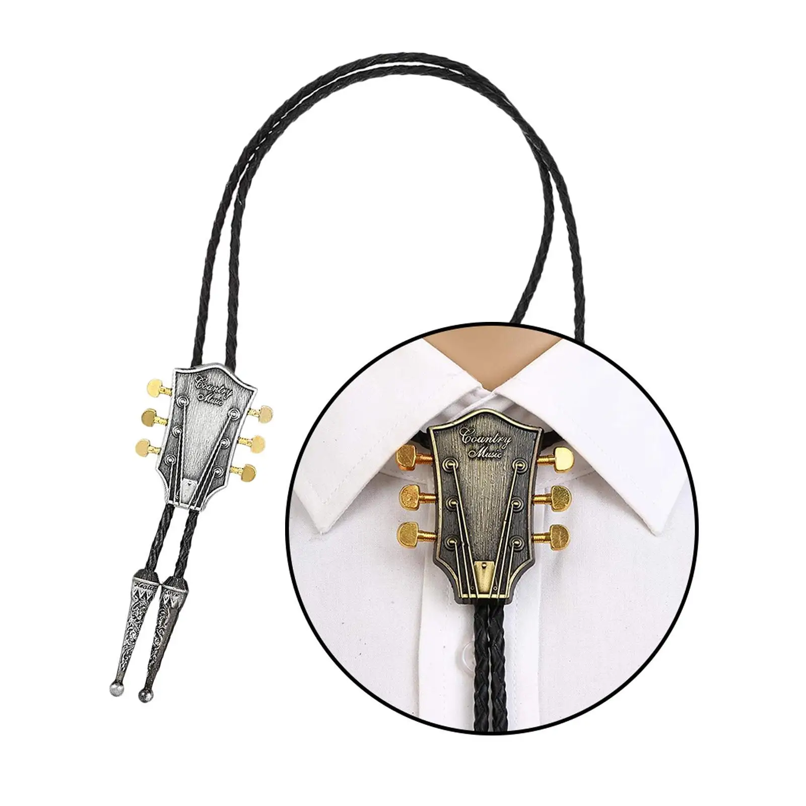 Indian Music Guitar Head Bolo Tie Dance Bola Tie PU Leather Necklace Necktie